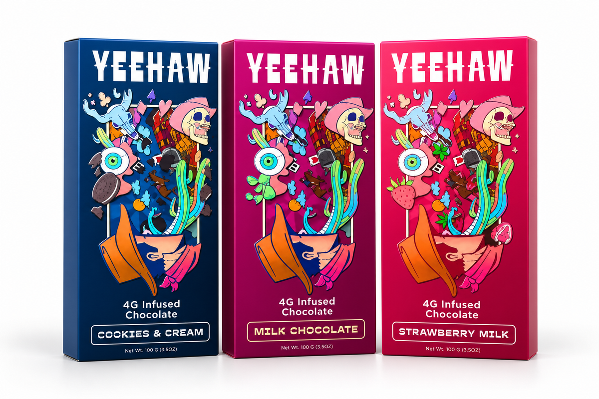 Yeehaw mushroom chocolate bars in 10-count display box