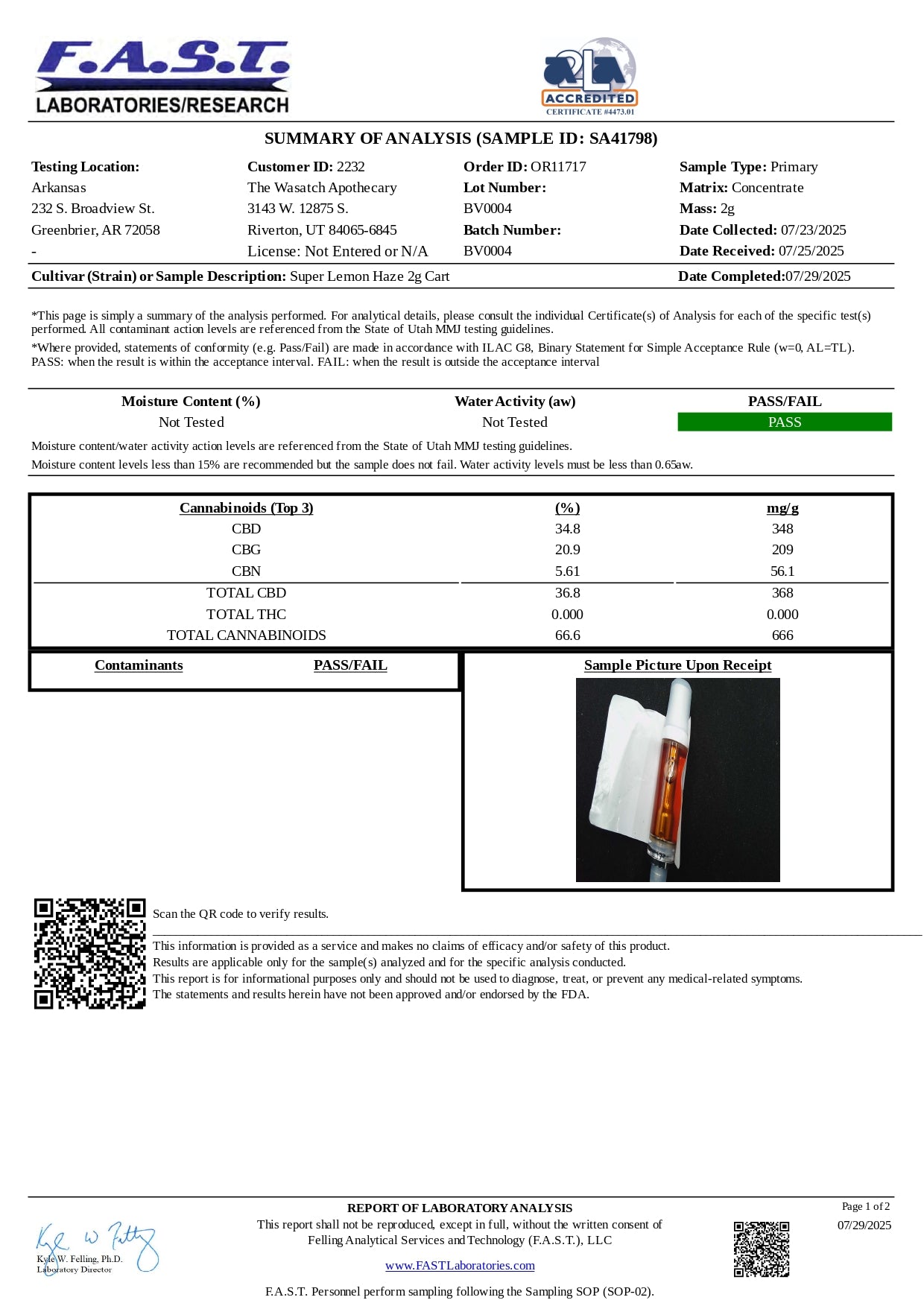 Redwood Organix CBGa 2 gram cartridges 1ct 10/box