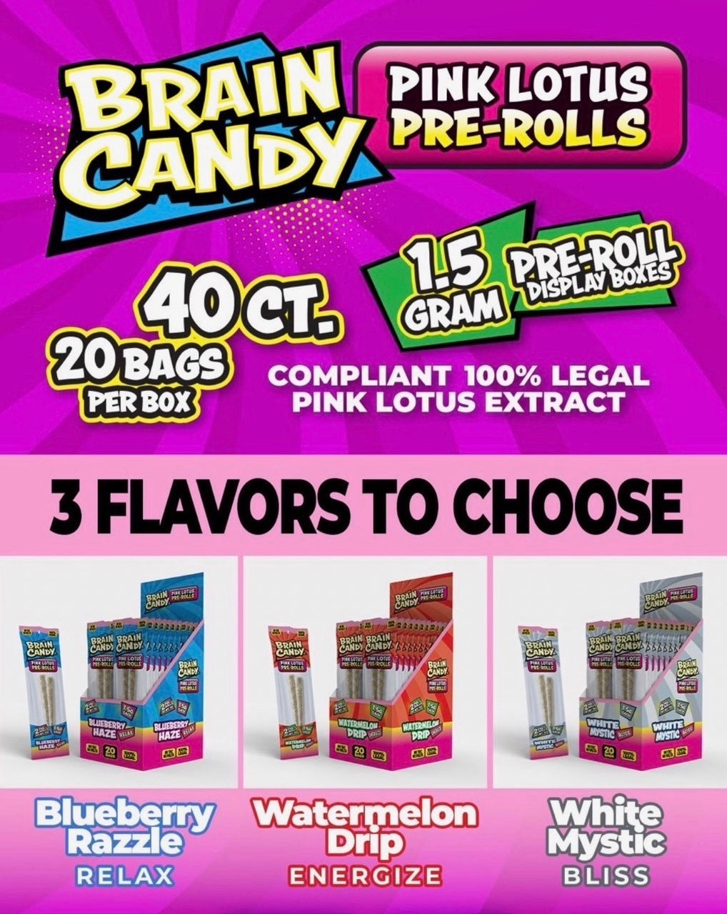 Brain Candy Pink Lotus PreRolls 1.5 Gram 2ct/pk 20pk/display box